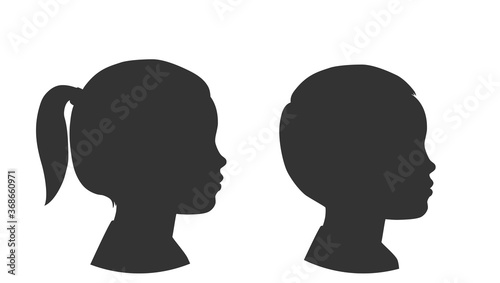 Silhouettes of child face. Little girl and boy. Outlines baby in profile. Vector illustration