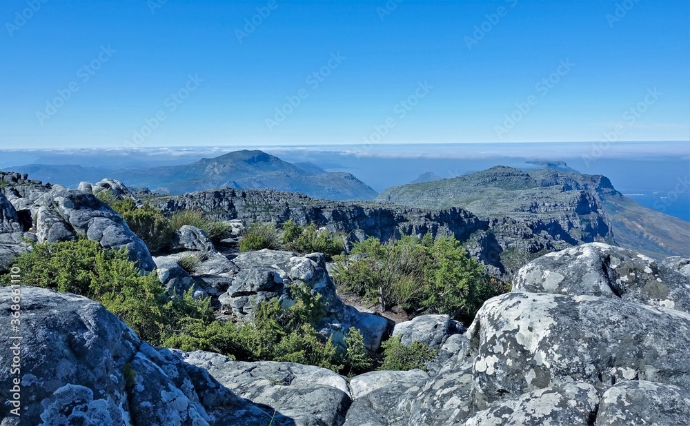 Alpine landscape. Ancient gray boulders lie on the flat summit of Table Mountain. Low shrubs, fynbos grow between the stones. In the distance, mountain peaks hide in the clouds. Cape Town.South Africa