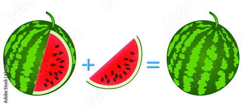 Fototapeta Naklejka Na Ścianę i Meble -  Action relationship of addition, examples with watermelon. Educational game for children.