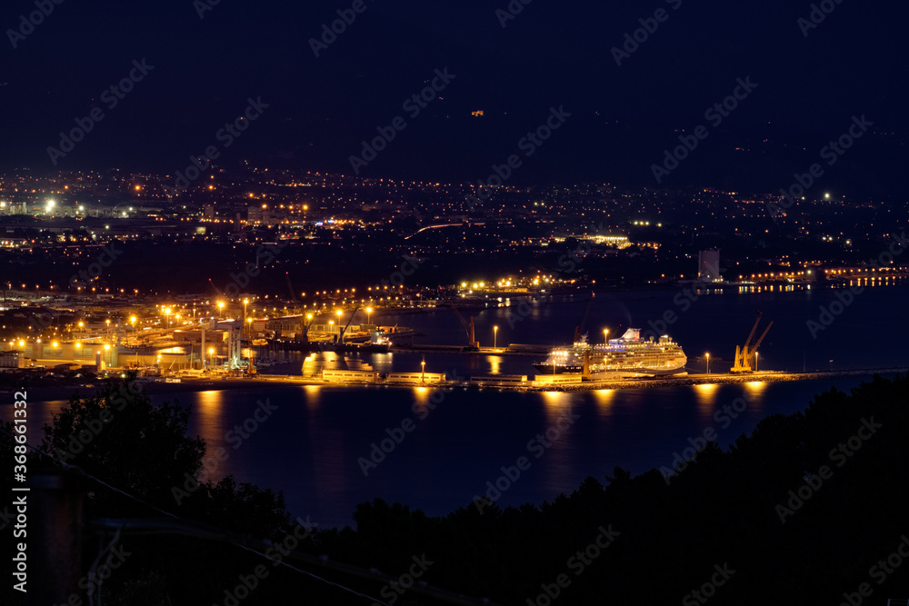 Night panorama on the port of Marina di Carrara Tuscany Italy from Montemarcello