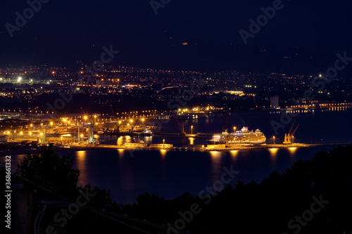 Night panorama on the port of Marina di Carrara Tuscany Italy from Montemarcello