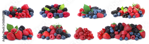 Set of different mixed berries on white background, banner design photo