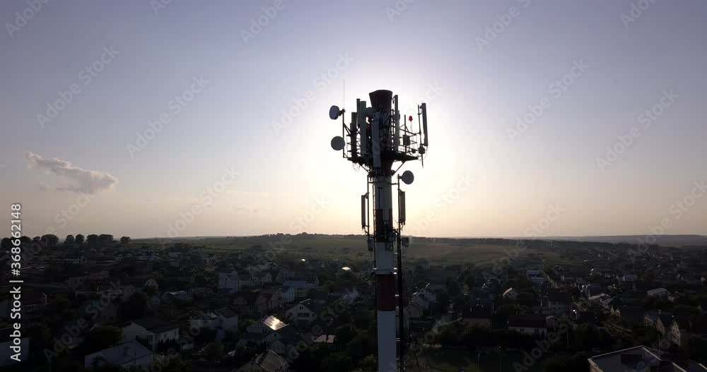 Telecommunication tower of 4G and 5G cellular. Base Station or Base Transceiver Station. Wireless Communication Antenna Transmitter. Telecommunication tower with antennas against blue sky. Telecommunication tower of 4G and 5G cellular. Base Station or Base Transceiver Station. Wireless Communication Antenna Transmitter. Telecommunication tower with antennas against blue sky.