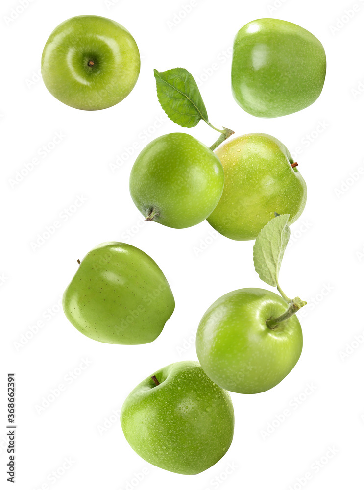Ripe green apples falling on white background
