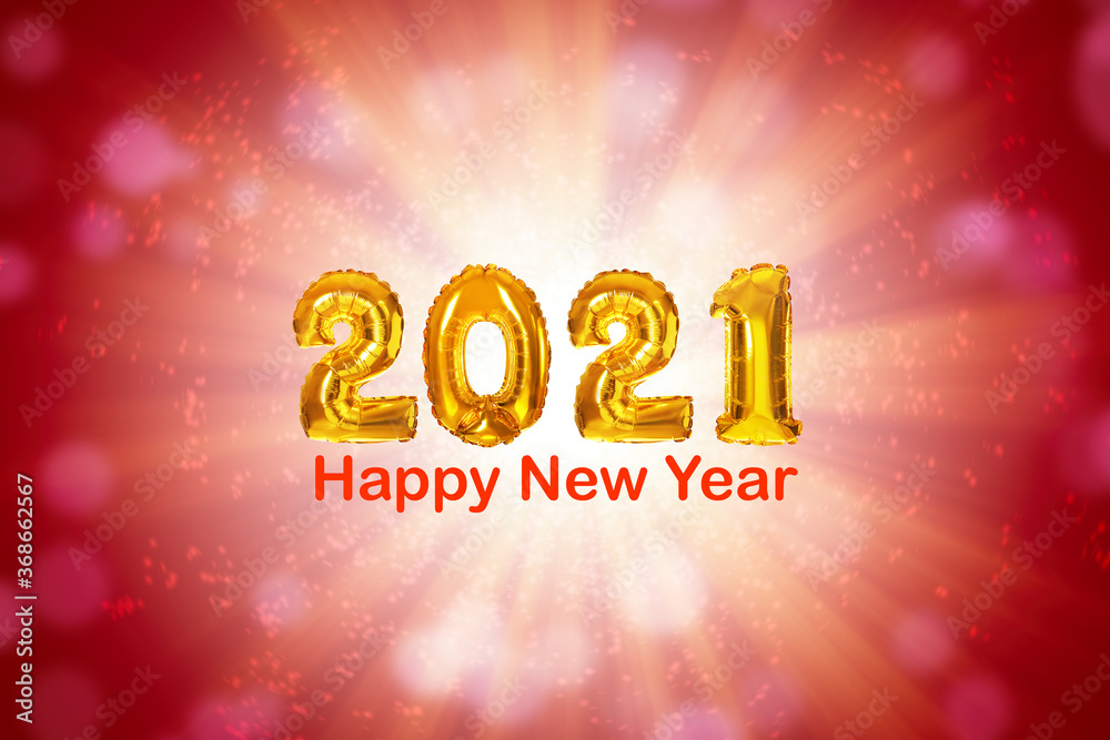 2021 New Year celebration. Creative design with bright gold balloons and blurred lights on red background