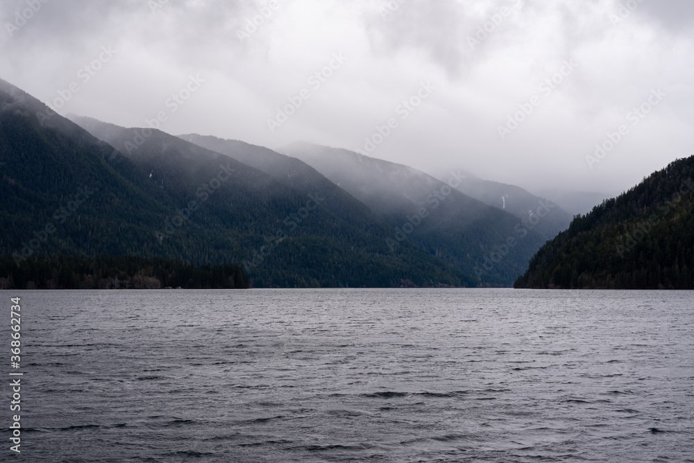 foggy lake and mountains in Olympic National Park