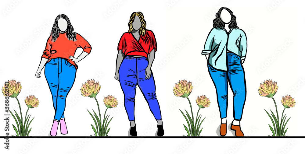 Fototapeta premium Body positive concept.Woman plus size.Confident obese women wearing beautiful dress and colorful flowers on over white background.Line drawing of cartoon character with illustration in flat design.