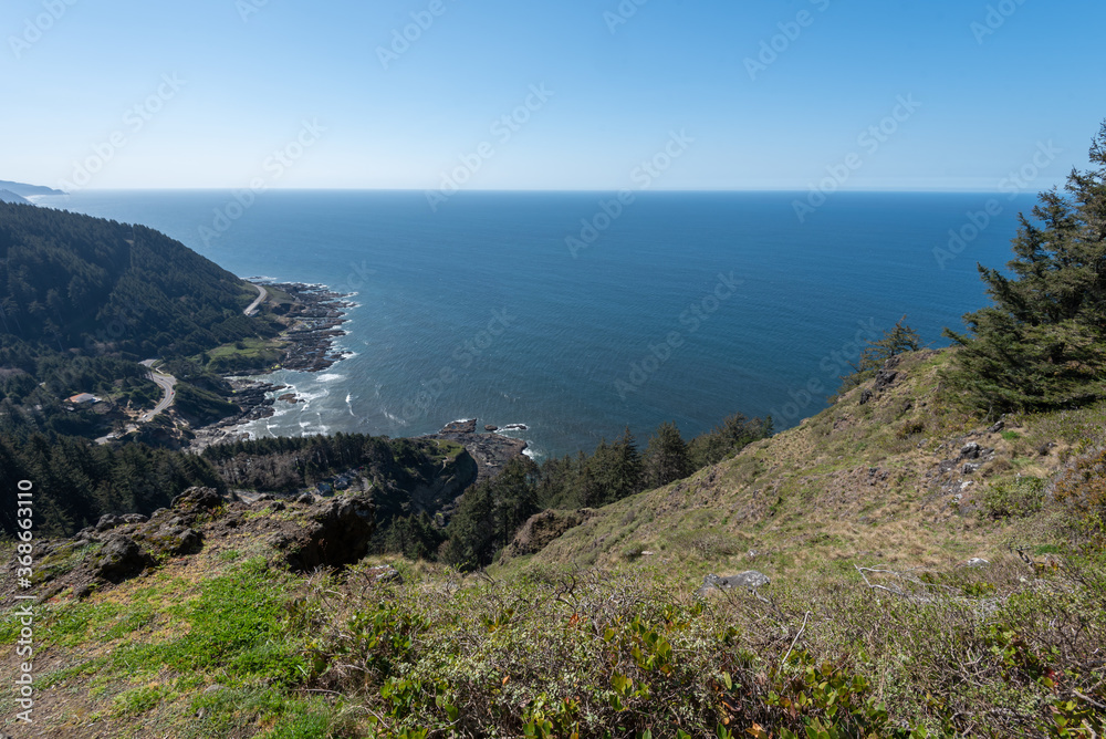 view of Oregon Coast and Pacific Ocean from a mountain at Cape Perpetua