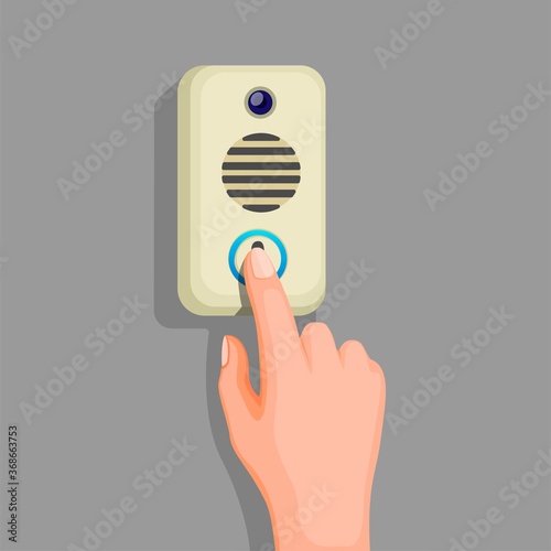 hand push doorbell button in wall. concept in cartoon illustration vector