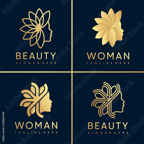 Woman logo and beauty logo collection with golden style, beauty, spa, woman, beauty, health, Premium Vector