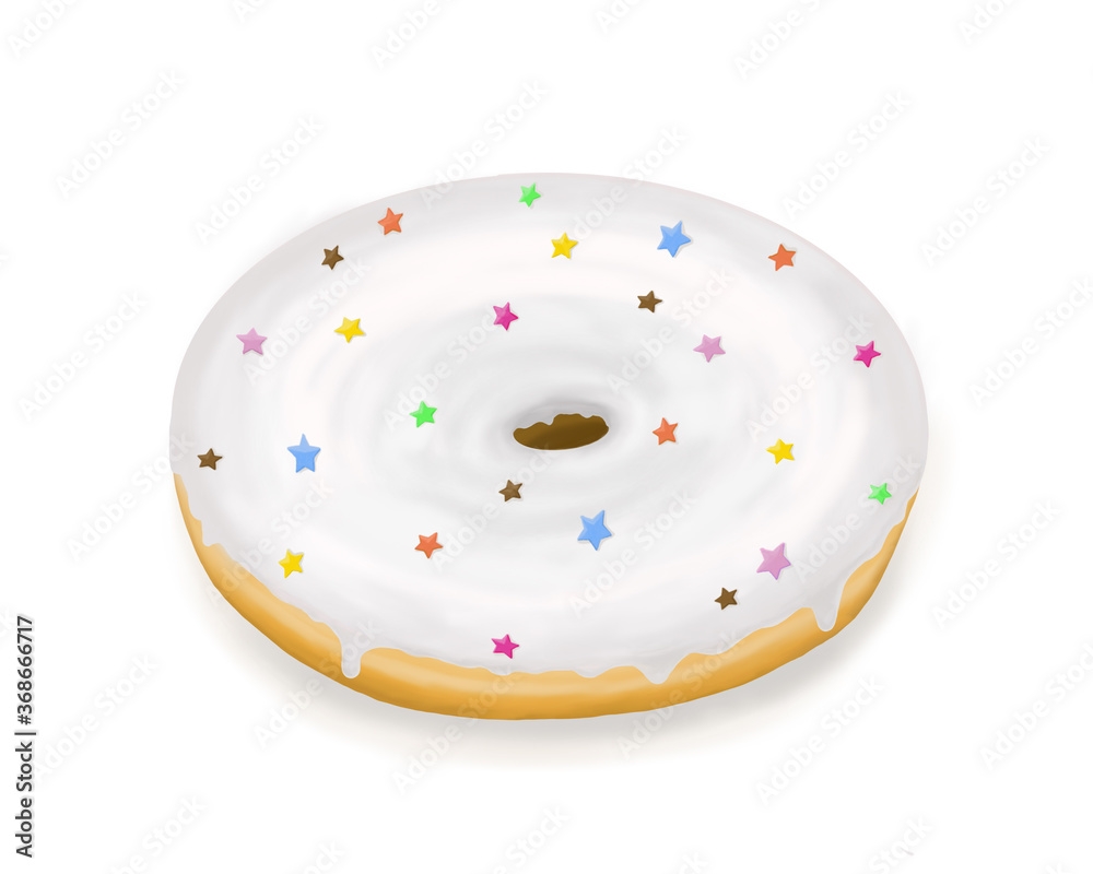 Delicious white glazed donut with colorful stars Delicious white glazed donut with colorful stars