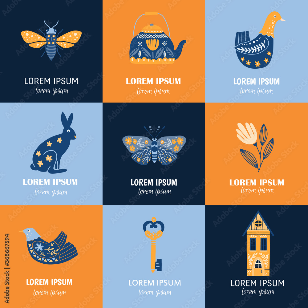 Fototapeta premium Set of Folk art cliparts in Scandinavian and Nordic style