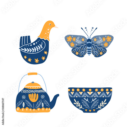 Set of Folk art cliparts in Scandinavian and Nordic style