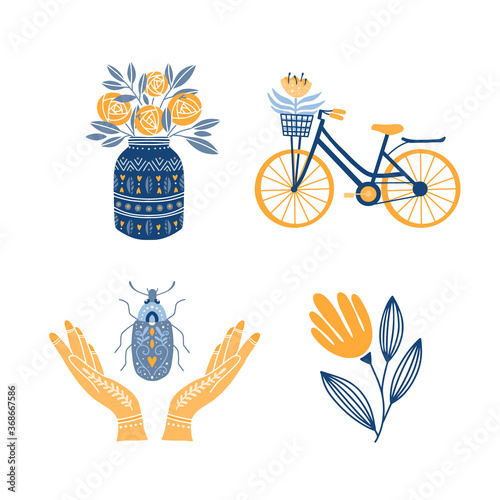 Set of Folk art cliparts in Scandinavian and Nordic style