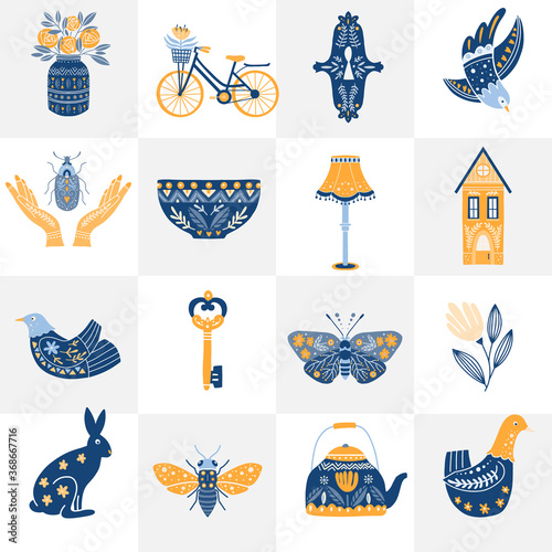 Set of Folk art cliparts in Scandinavian and Nordic style