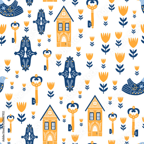 Seamless pattern with locks and keys, houses, birds, in scandinavian style