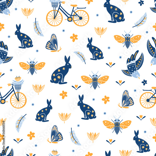 Seamless pattern with bicycle and rabbits, flowers, butterflies, bees on white background