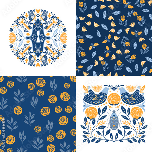 Set of greeting cards and seamless patterns in Scandinavian, Folk art style