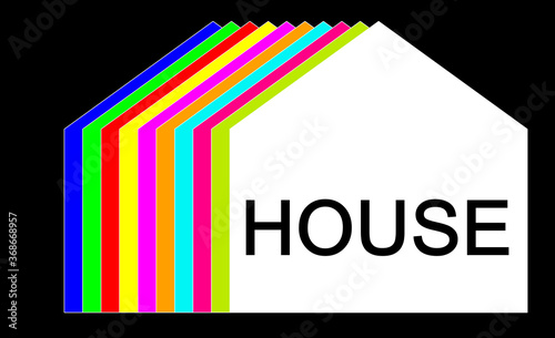 House in scheme for the logo, with multi-colored linear elements, symbol of the house in a classic architectural building. Panels with blue green and red colors, primary and secondary. photo