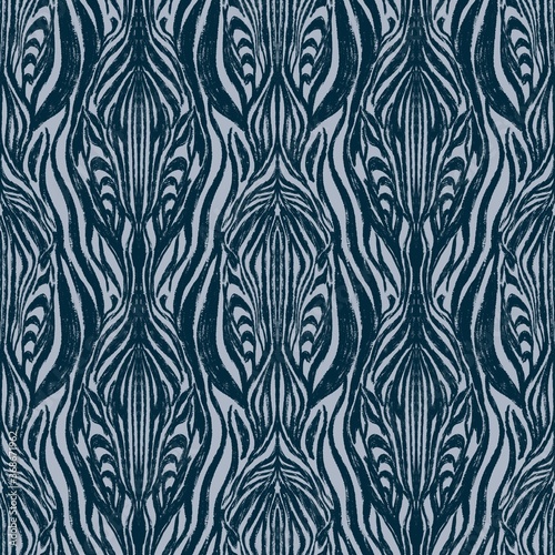 Blue zebra stripes abstract lines seamless pattern.