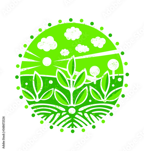 Green floral background. The grunge green landscape silhouette  of the field in the circle with dots.Eco friendly badge emblem.