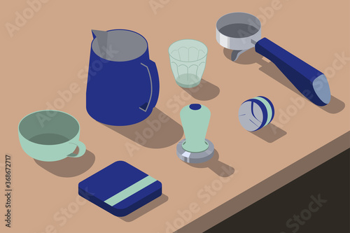 Isometric coffee brewing tools espresso set vector illustrations