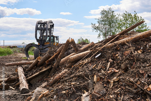 pile of old logs ready for processing and grapple skidder on the background in a woodworking factory