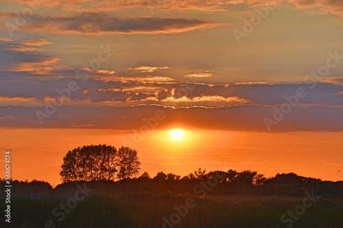 Zachód słońca na rozlewiskach Biebrzy. Biebrzański Park Narodowy 3 miesiące po pożarze