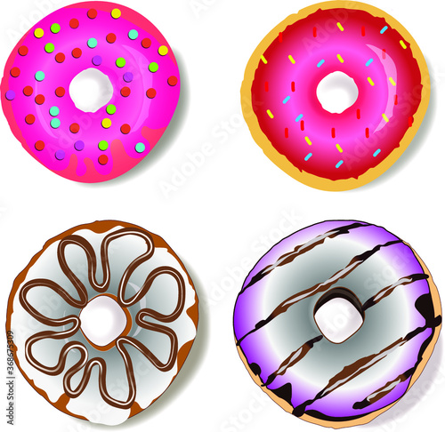 Set of cartoon colorful donuts isolated on white background. Top View Doughnuts collection into glaze for menu design, cafe decoration, delivery box. Vector illustration