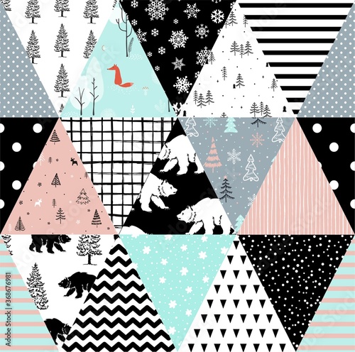 Seamless background pattern imitation of a patchwork pattern . Includes: bear, forest, trees, stripes.Vector illustration.