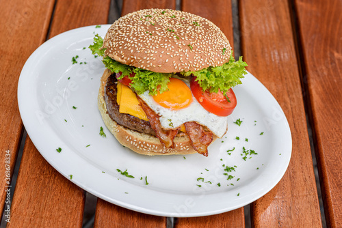 german burger with egg and bacon
