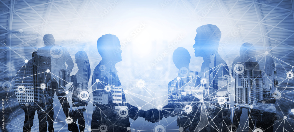 Creative image of many business people conference group meeting on city  office building background showing partnership success of business deal.  Concept of teamwork, trust and agreement. Stock Photo | Adobe Stock
