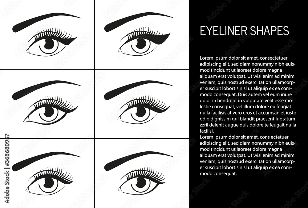 Beautiful eyes makeup. Eyeliner use options with text. Applying liquid  eyeliner for cat eye look Stock Vector | Adobe Stock