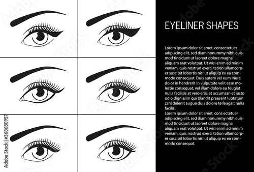 Beautiful eyes makeup. Eyeliner use options with text. Applying liquid eyeliner for cat eye look