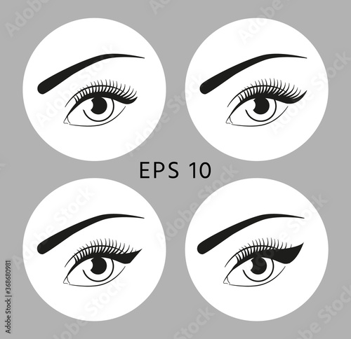 Beautiful eyes with eyeliner in circles on a gray background. Vector eye icon set