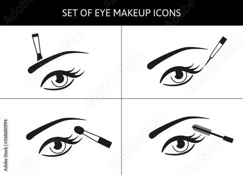 Set of vector eye icons with different  brushes for makeup. Applying beauty products and cosmetics