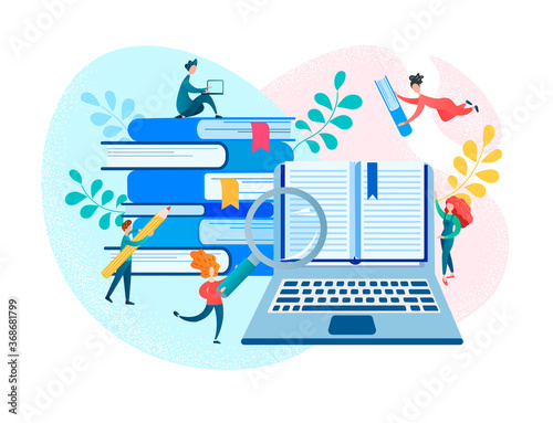 Tiny people in the electronic library read, search for the necessary information