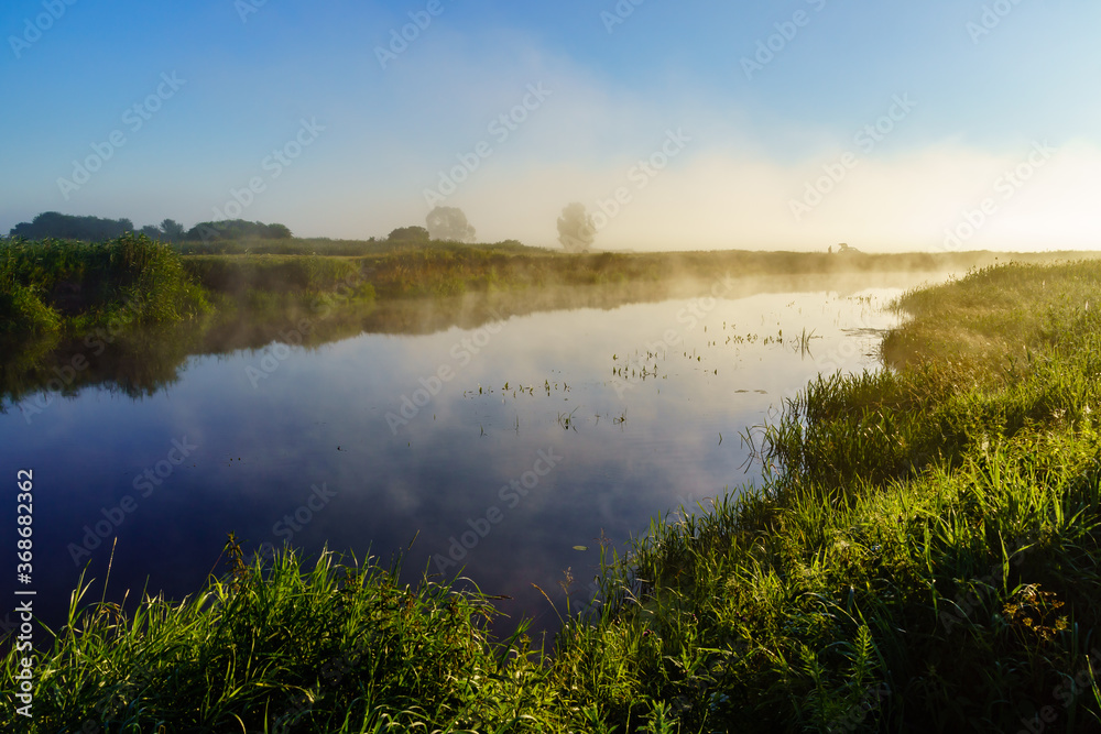 Letni poranek z mgłami w Dolinie Narwi,Podlasie ,Polska