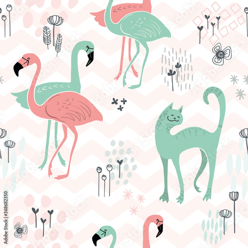 Animals seamless pattern of flamingos and cats on a white background with pink zigzag lines. Vector background for wallpaper, textile and graphic design.