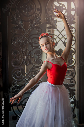 portrait of a young ballerina with a proud bearing in a crown and a red suit in a luxurious studio hall