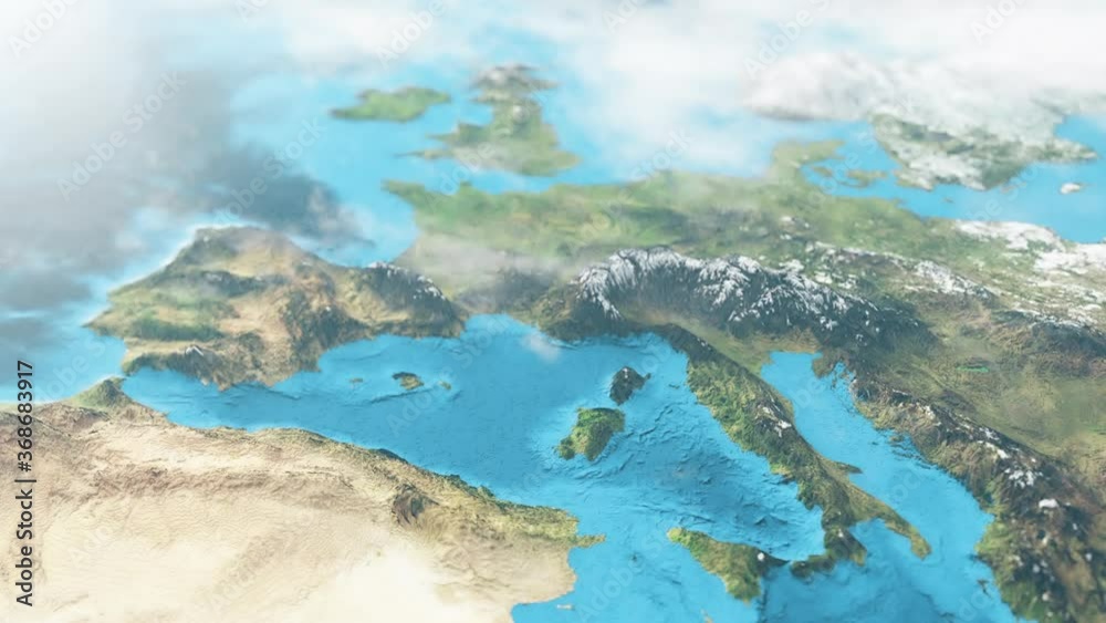 Europe Map in 3D CGI - Aerial Hyperlapse Rendered with High Relief Mountains, Shallow Depth of Field & Foggy Atmosphere Europe Map in 3D CGI - Aerial Hyperlapse Rendered with High Relief Mountains, Shallow Depth of Field & Foggy Atmosphere