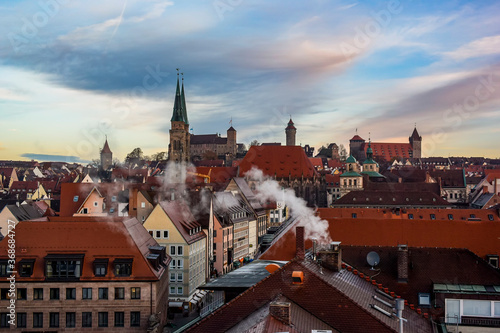 View at historical center of old German city Nuremberg and Nuremberg castle, Bavaria, Germany. November 2014