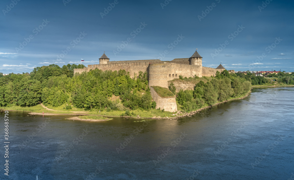 Narva, on the Narva river, at the eastern extreme point of Estonia, at the Russian border. The Narva Castle towers over the Estonian side, while Ivangorod Fortress sprawls across the Russian bank.