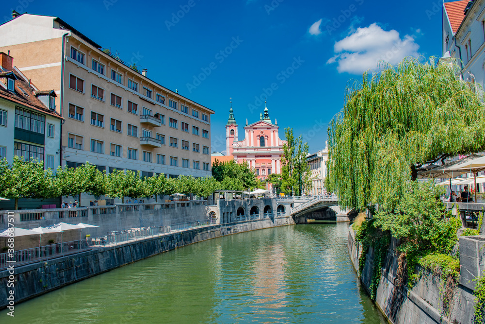 Ljubljanica river in the center of Ljubljana, Central Slovenia region