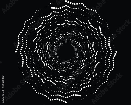 Dotted, dots, speckles abstract concentric circle. Spiral, swirl, twirl element.Circular and radial lines volute, helix.Segmented circle with rotation.Radiating arc lines.Cochlear, vortex illustration