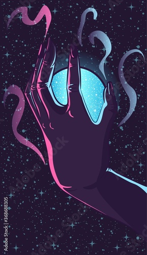 Dark vector illustration of a hand holding a glowing globe. Crystal ball under the night sky.
