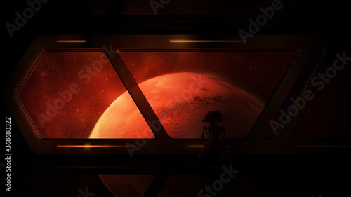 Платно View of Mars from a spaceship with a droid on board.