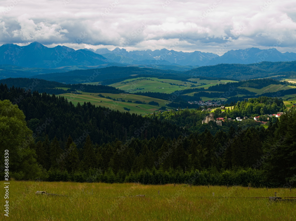 The view of Tatras from Majerz pasture. Pieniny National Park. Czorsztyn. Poland