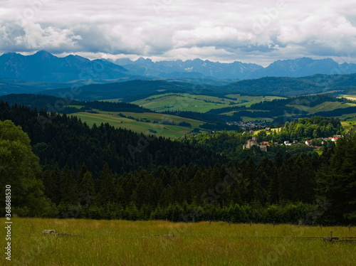 The view of Tatras from Majerz pasture. Pieniny National Park. Czorsztyn. Poland