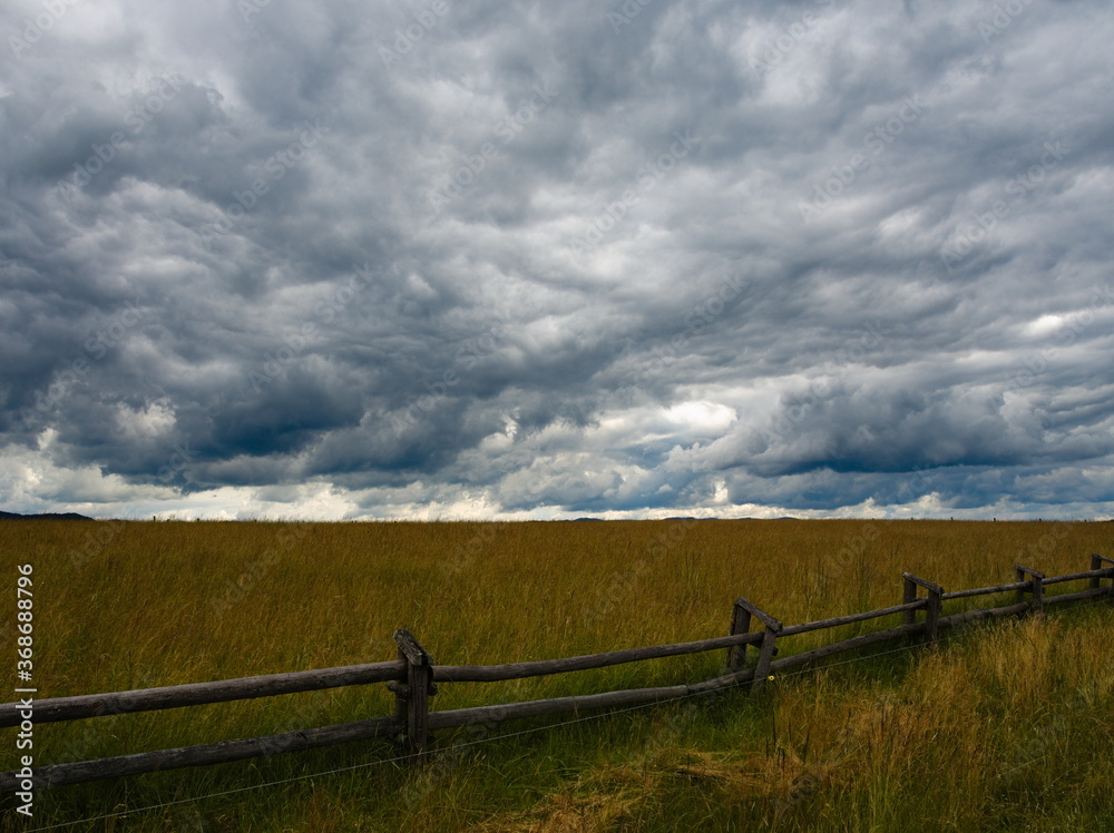 Rural landscape with fence. Hill Majerz. Pieniny National Park. Czorsztyn. Poland